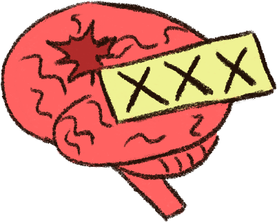A drawing of a brain with a large red injury on it. In front of the brain is a pale green banner that says 'XXX'.